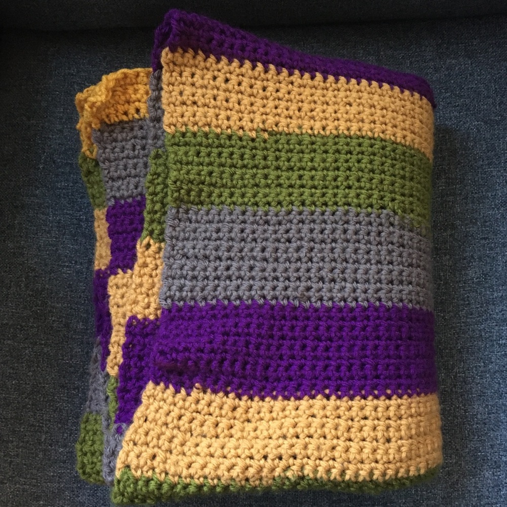 Hand Crocheted Multi-Colored Yellow Green Purple Grey Striped Lap Blanket
